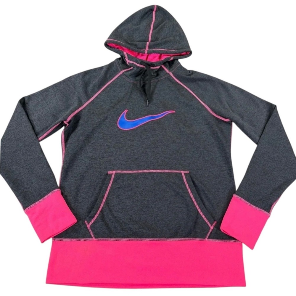 Nike Therma Fit Hoodie Womens M Gray Pink Swoosh Pullover Athletic Sweatshirt